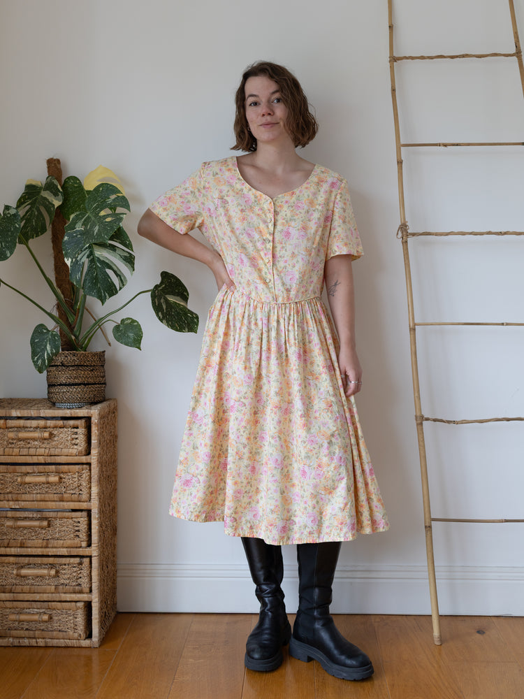 90s Laura Ashley Butter Yellow Floral Midi Dress