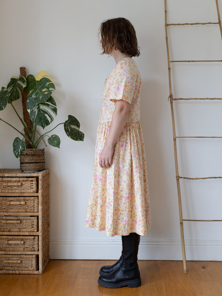 90s Laura Ashley Butter Yellow Floral Midi Dress