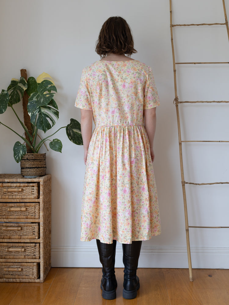 90s Laura Ashley Butter Yellow Floral Midi Dress