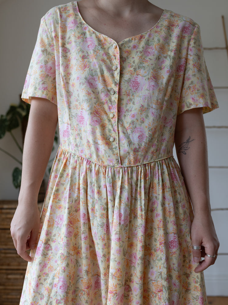 90s Laura Ashley Butter Yellow Floral Midi Dress
