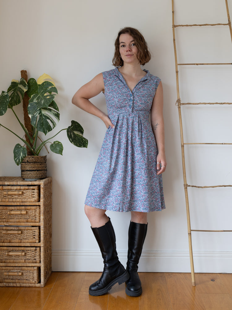 70s Ditsy Floral Blue Cotton Dress