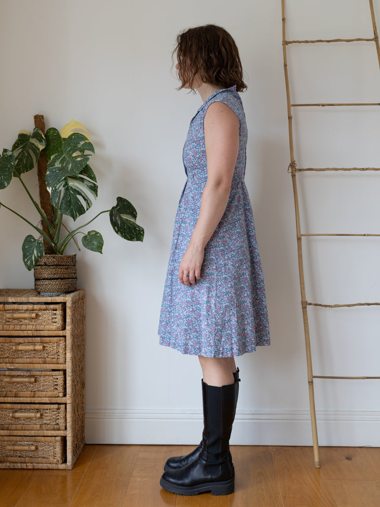70s Ditsy Floral Blue Cotton Dress