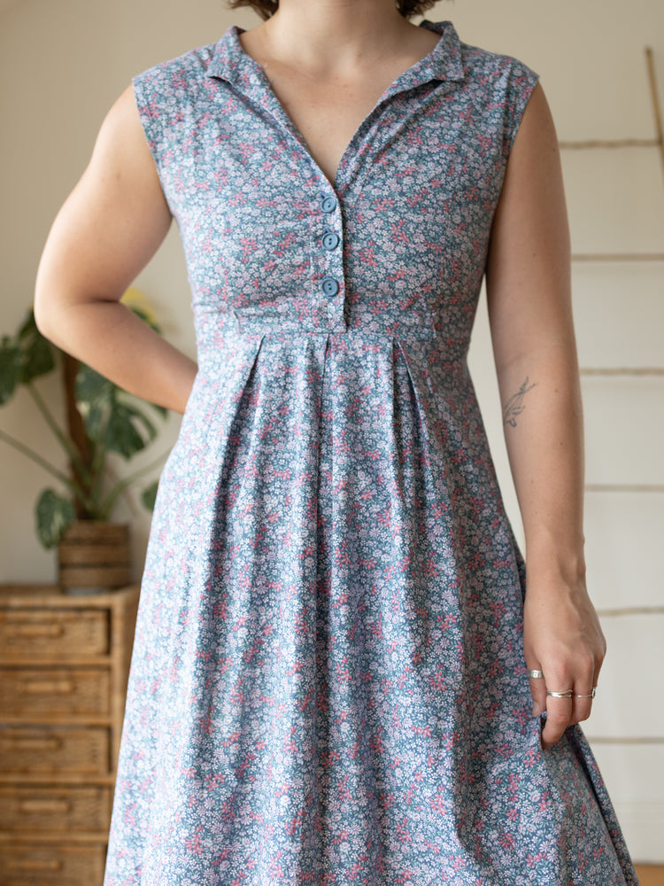 70s Ditsy Floral Blue Cotton Dress