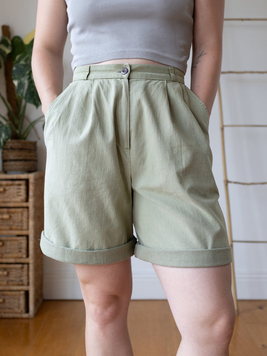 80s St Michael Cotton & Linen Sage Green Shorts - 28"