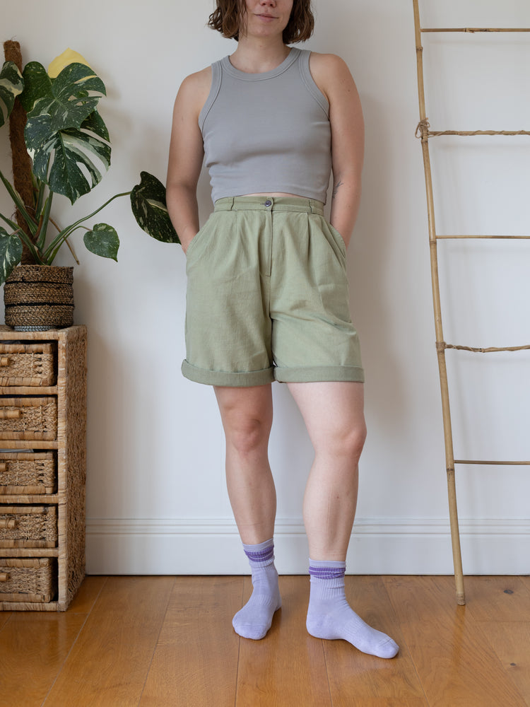 80s St Michael Cotton & Linen Sage Green Shorts - 28"