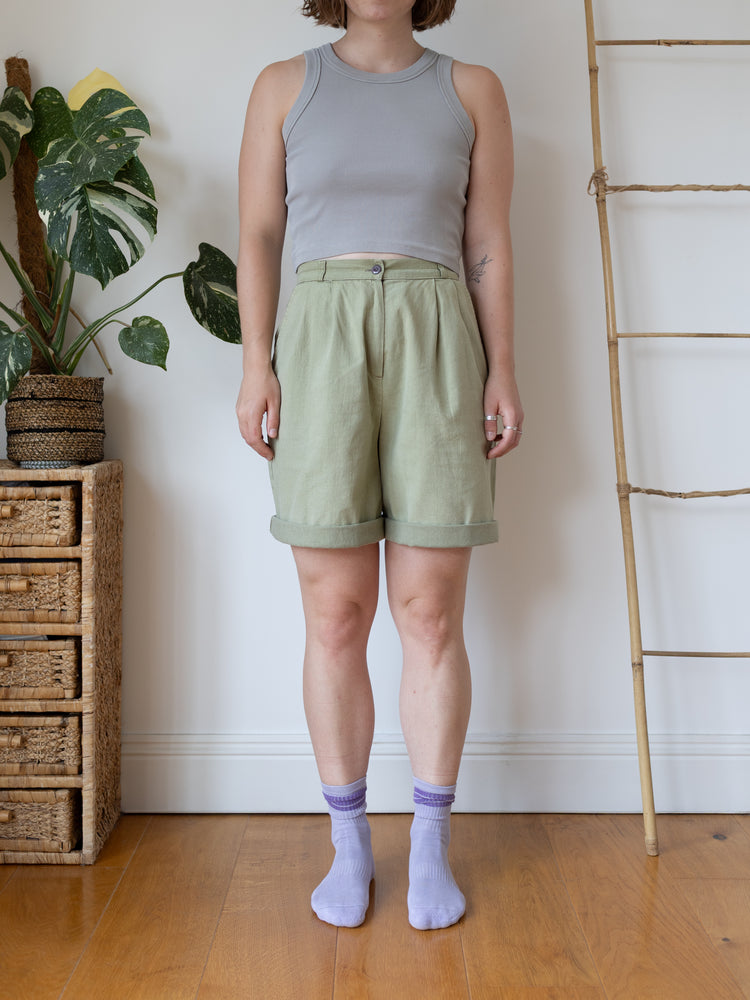 80s St Michael Cotton & Linen Sage Green Shorts - 28"