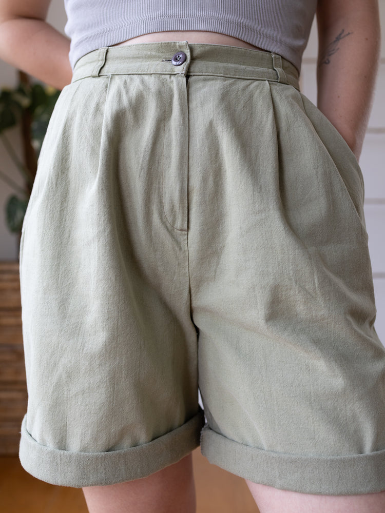 80s St Michael Cotton & Linen Sage Green Shorts - 28"