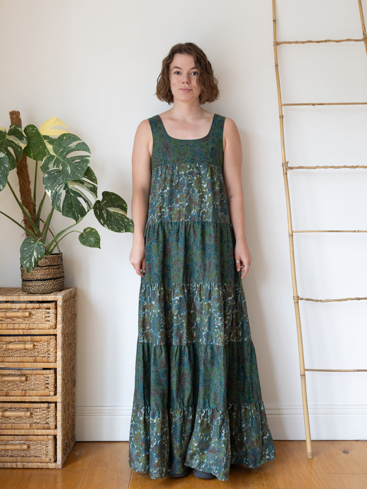 70s David Silverman Green Floral Tiered Maxi Dress - S
