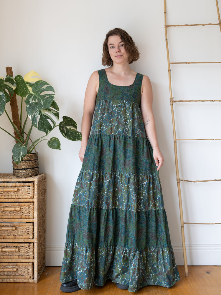 70s David Silverman Green Floral Tiered Maxi Dress - S