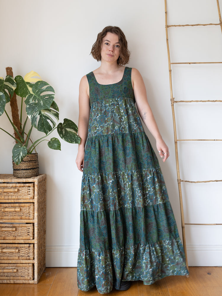 70s David Silverman Green Floral Tiered Maxi Dress - S