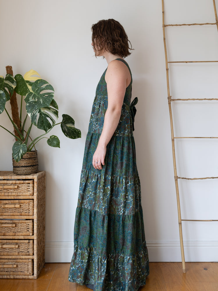 70s David Silverman Green Floral Tiered Maxi Dress - S