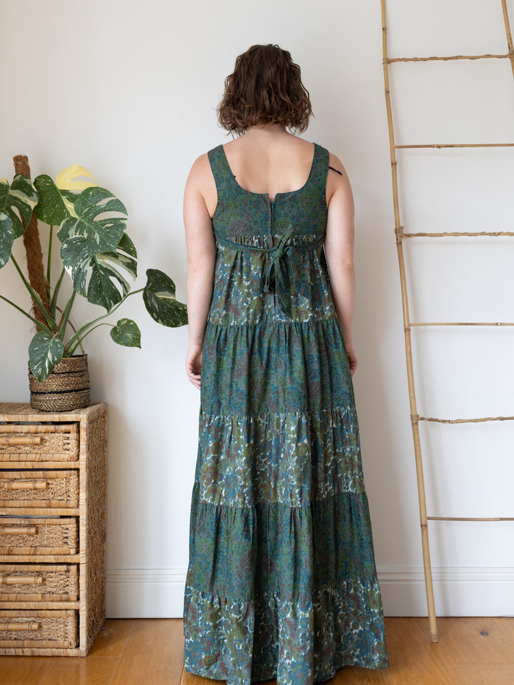 70s David Silverman Green Floral Tiered Maxi Dress - S