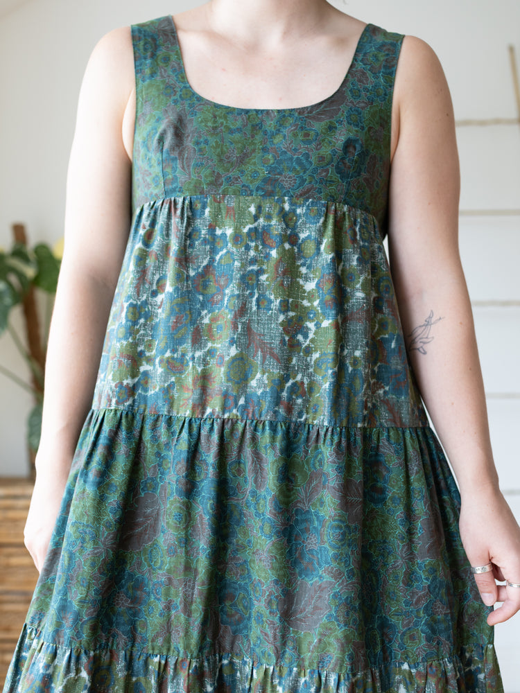 70s David Silverman Green Floral Tiered Maxi Dress - S