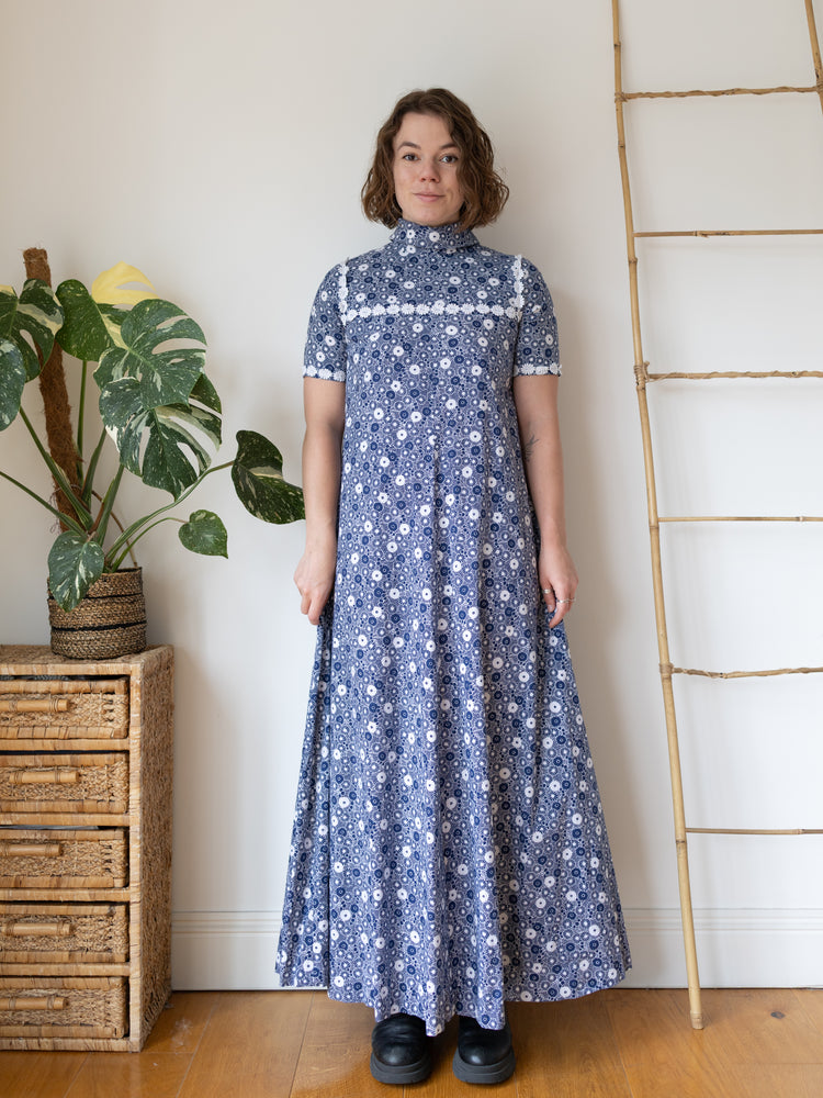70s Navy Blue & White Floral Maxi Dress - S