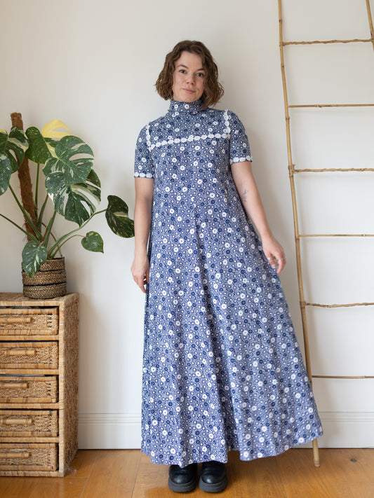 70s Navy Blue & White Floral Maxi Dress - S