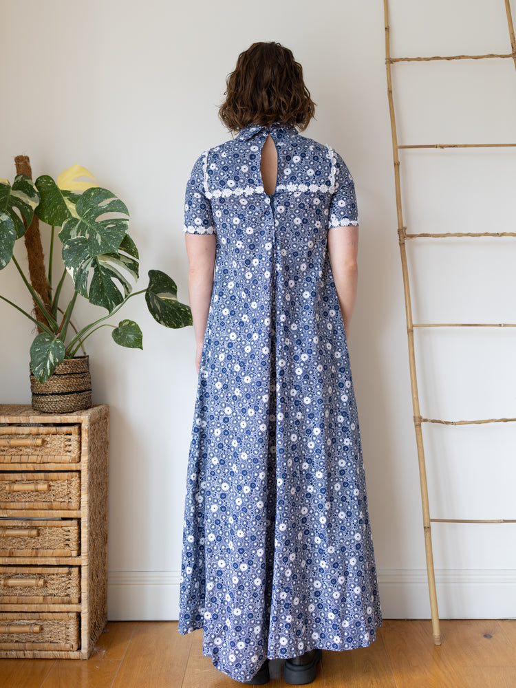 70s Navy Blue & White Floral Maxi Dress - S