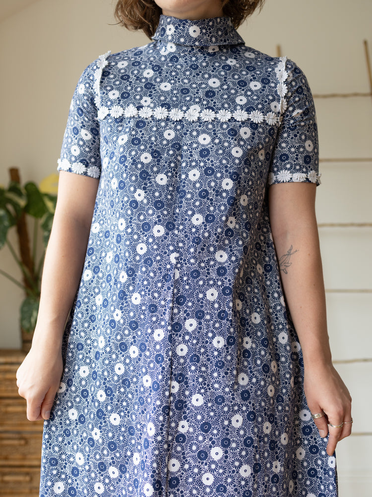 70s Navy Blue & White Floral Maxi Dress - S
