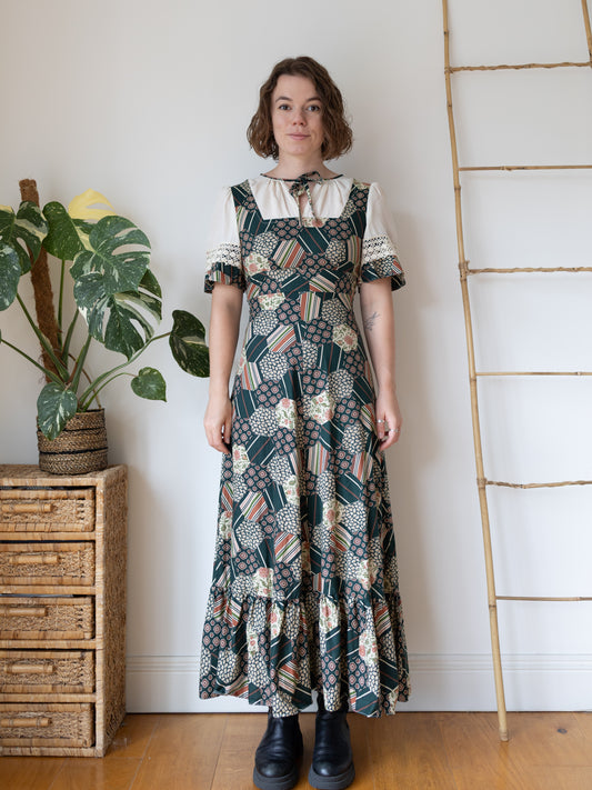 70s Green Honeycomb Floral Patchwork Maxi Dress - S