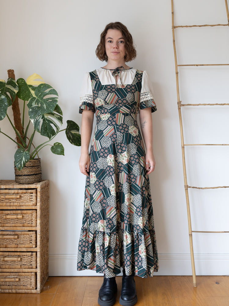 70s Green Honeycomb Floral Patchwork Maxi Dress - S