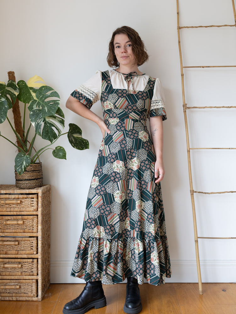 70s Green Honeycomb Floral Patchwork Maxi Dress - S