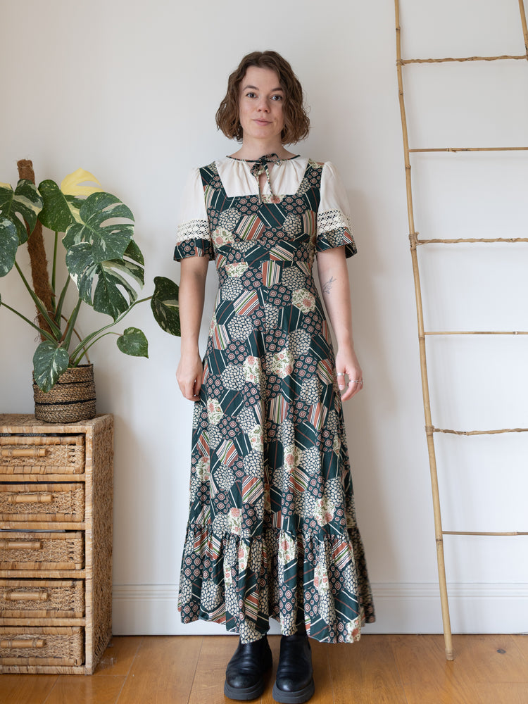 70s Green Honeycomb Floral Patchwork Maxi Dress - S