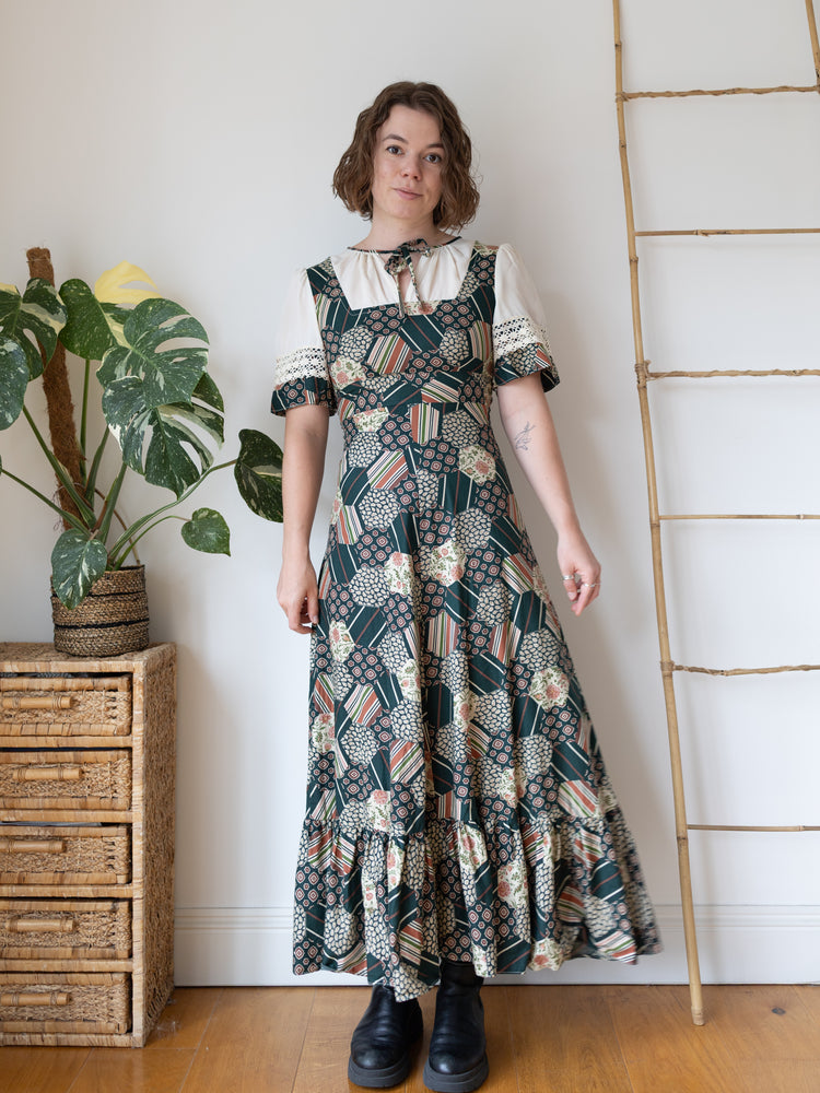 70s Green Honeycomb Floral Patchwork Maxi Dress - S