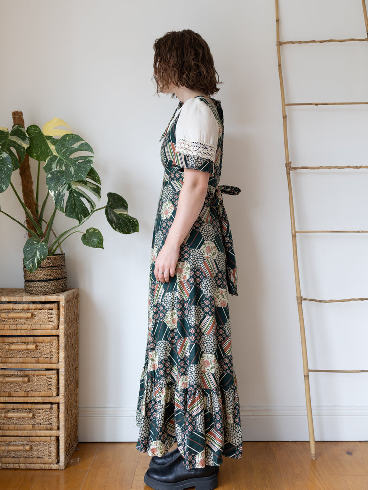 70s Green Honeycomb Floral Patchwork Maxi Dress - S