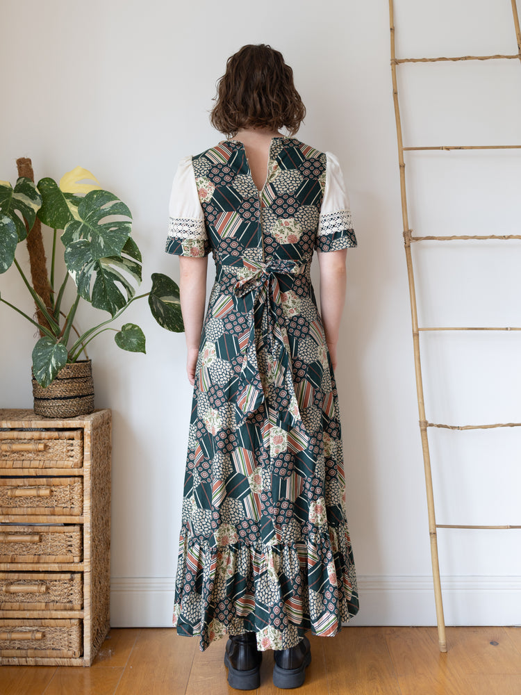 70s Green Honeycomb Floral Patchwork Maxi Dress - S