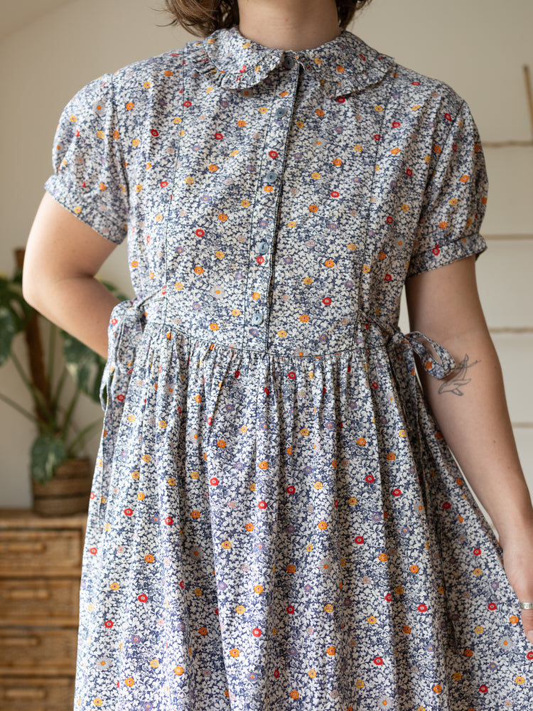 70s Ditsy Floral Midi Dress with Peter Pan Collar - L