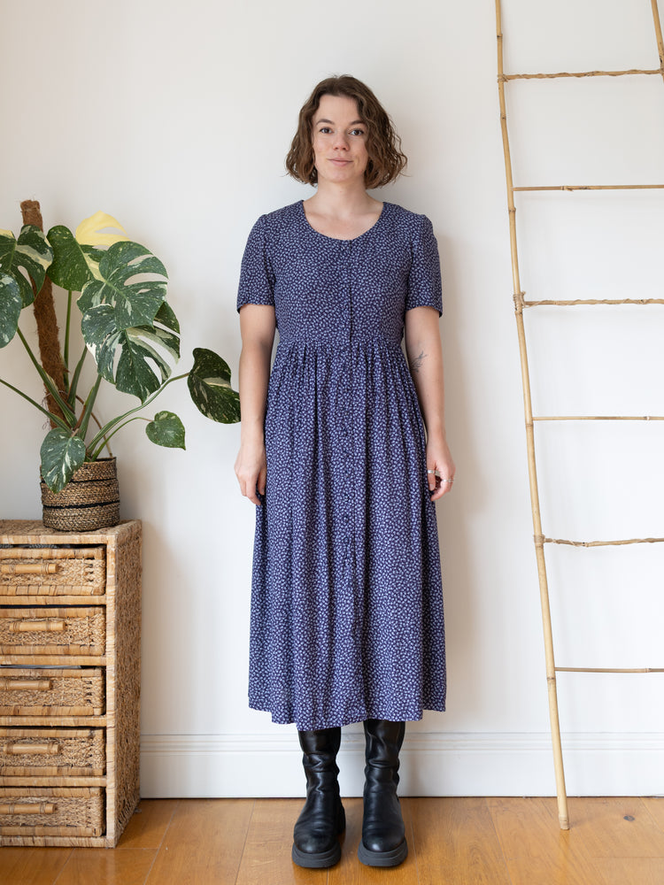 90s Navy Floral Maxi Dress - M
