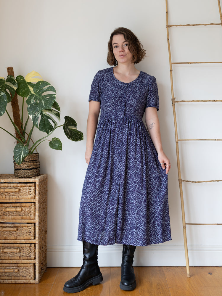 90s Navy Floral Maxi Dress - M