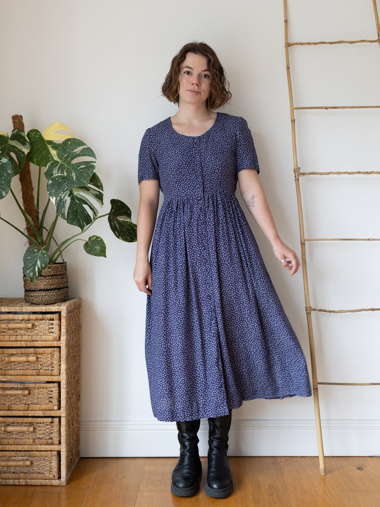 90s Navy Floral Maxi Dress - M