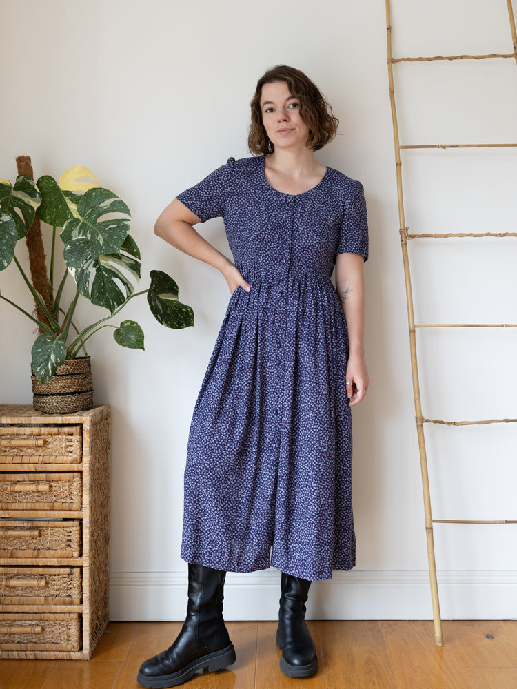90s Navy Floral Maxi Dress - M