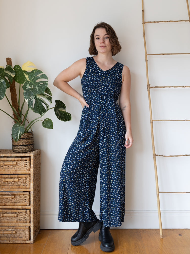 90s Navy Floral Wide Leg Jumpsuit - S