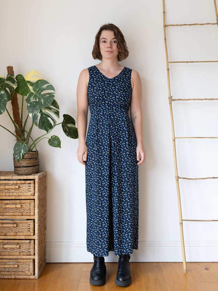 90s Navy Floral Wide Leg Jumpsuit - S
