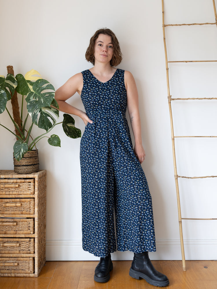 90s Navy Floral Wide Leg Jumpsuit - S