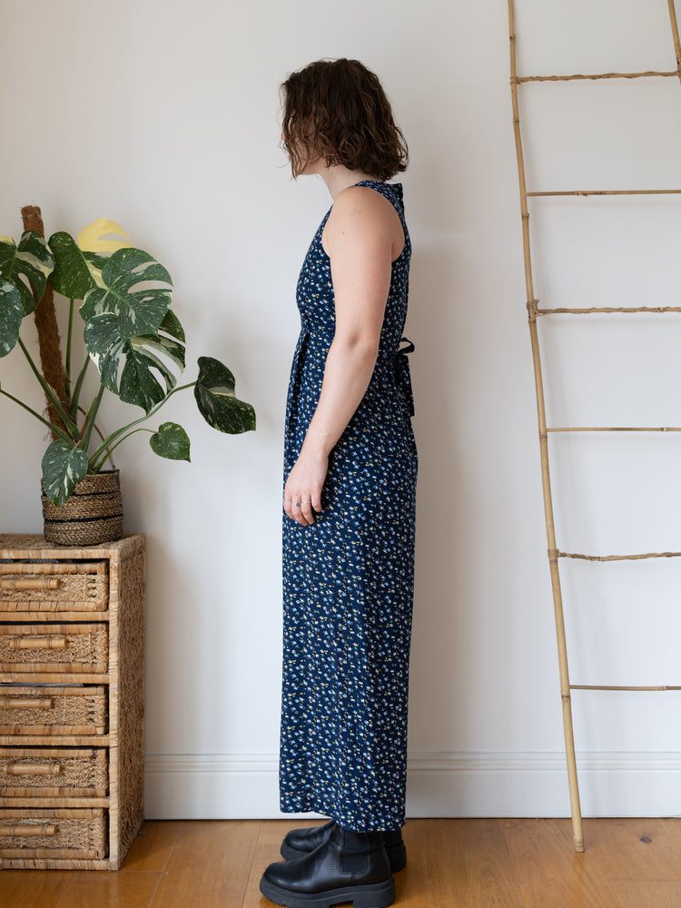 90s Navy Floral Wide Leg Jumpsuit - S