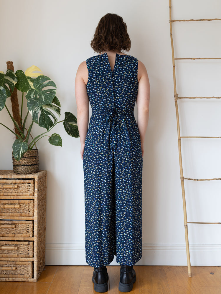 90s Navy Floral Wide Leg Jumpsuit - S