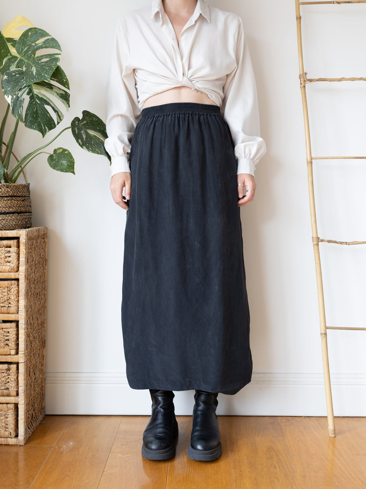 90s Laura Ashley Black Silk Wrap Maxi Skirt - 26-28"