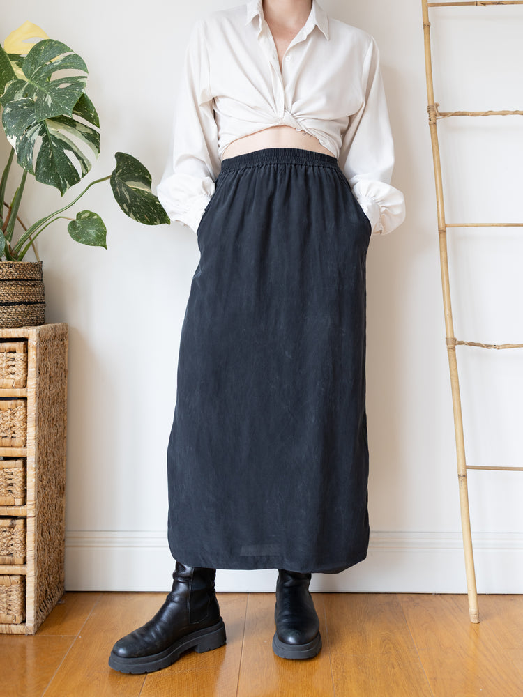 90s Laura Ashley Black Silk Wrap Maxi Skirt - 26-28"