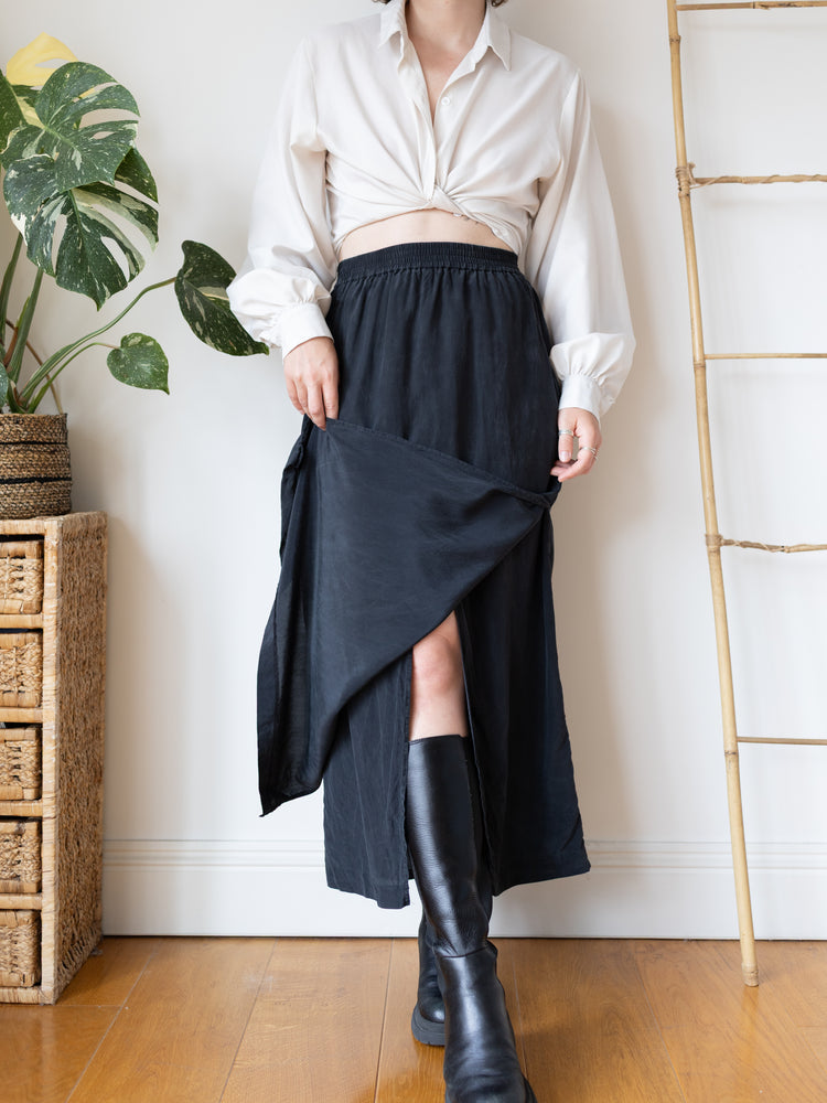90s Laura Ashley Black Silk Wrap Maxi Skirt - 26-28"