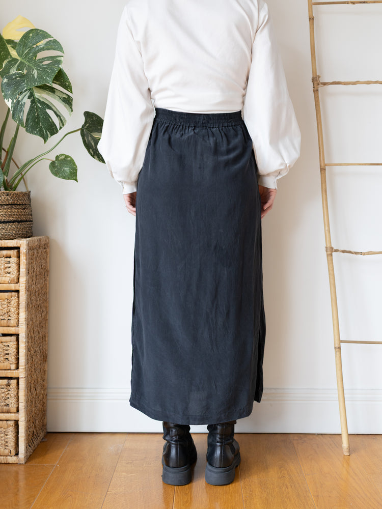 90s Laura Ashley Black Silk Wrap Maxi Skirt - 26-28"