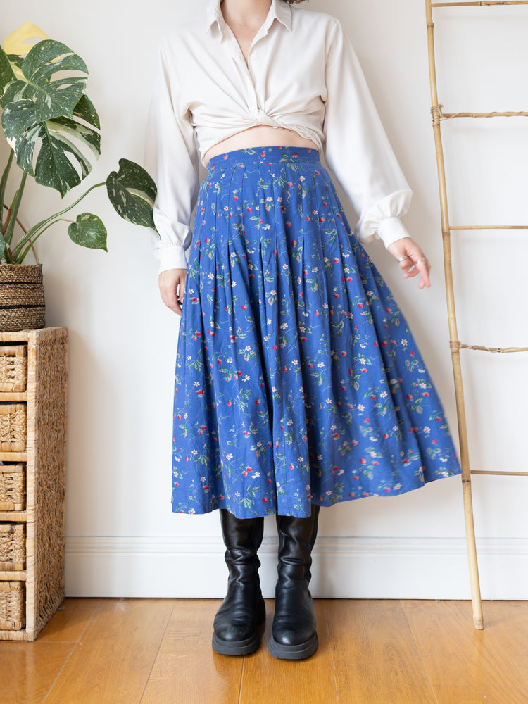 80s Laura Ashley Blue Strawberry Floral Skirt - 27"