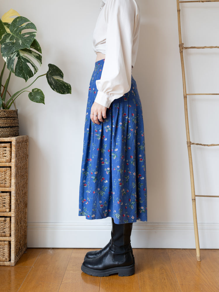 80s Laura Ashley Blue Strawberry Floral Skirt - 27"