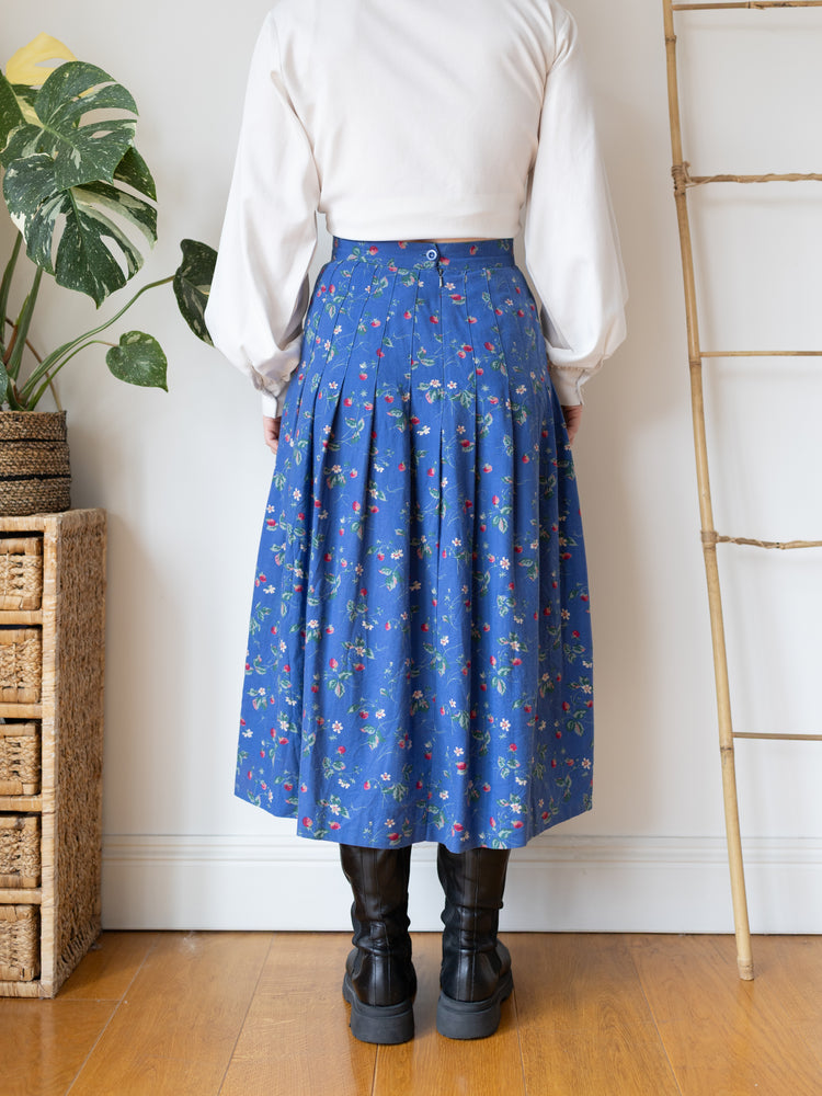 80s Laura Ashley Blue Strawberry Floral Skirt - 27"