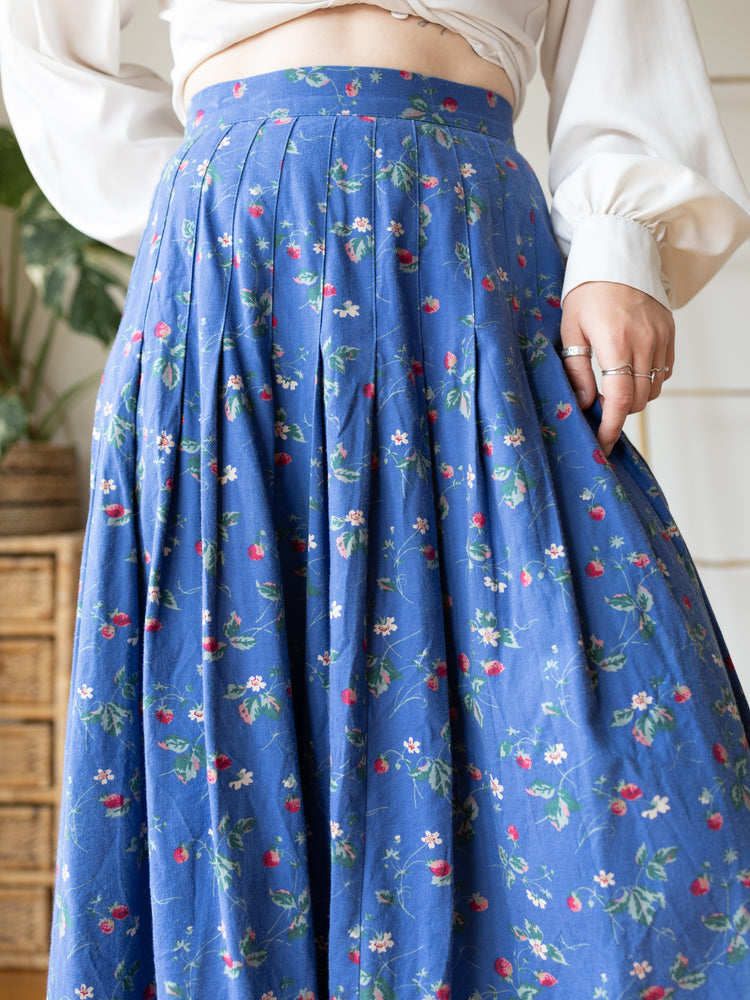 80s Laura Ashley Blue Strawberry Floral Skirt - 27"