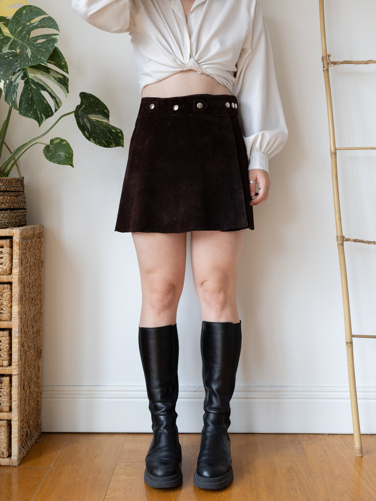 70s Brown Suede Wrap Mini Skirt - 29”