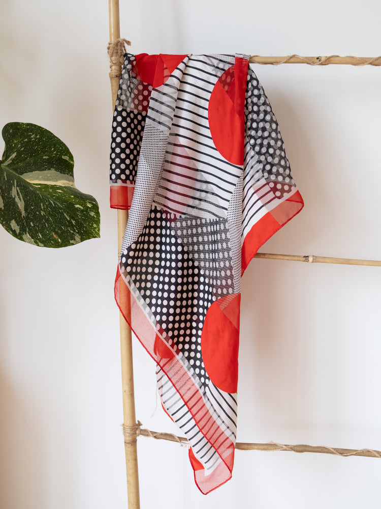 Red, Black & White Geometric Silk Scarf