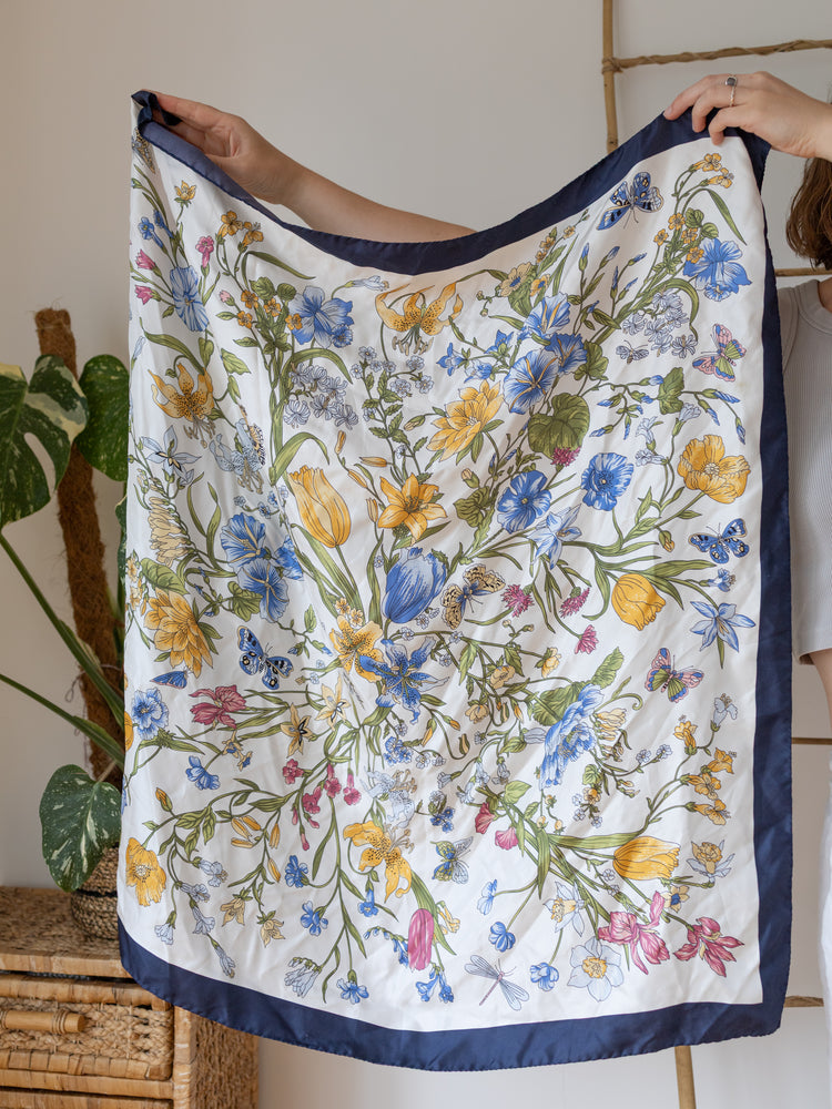 Blue & White Floral Silk Scarf