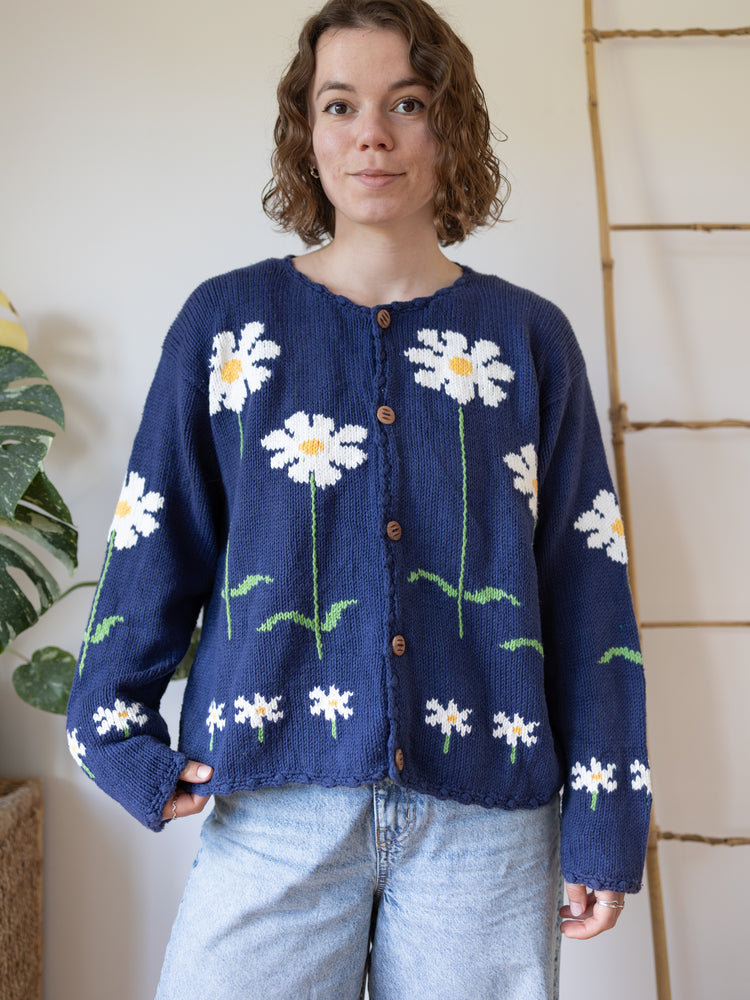 90s Navy Daisy Cotton Cardigan - L